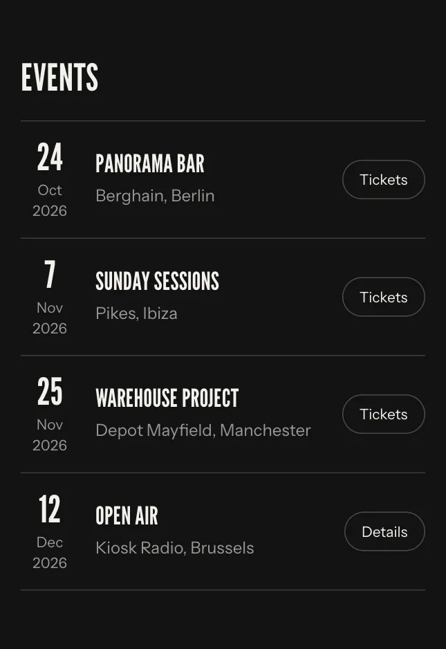 Upcoming dates on an example page