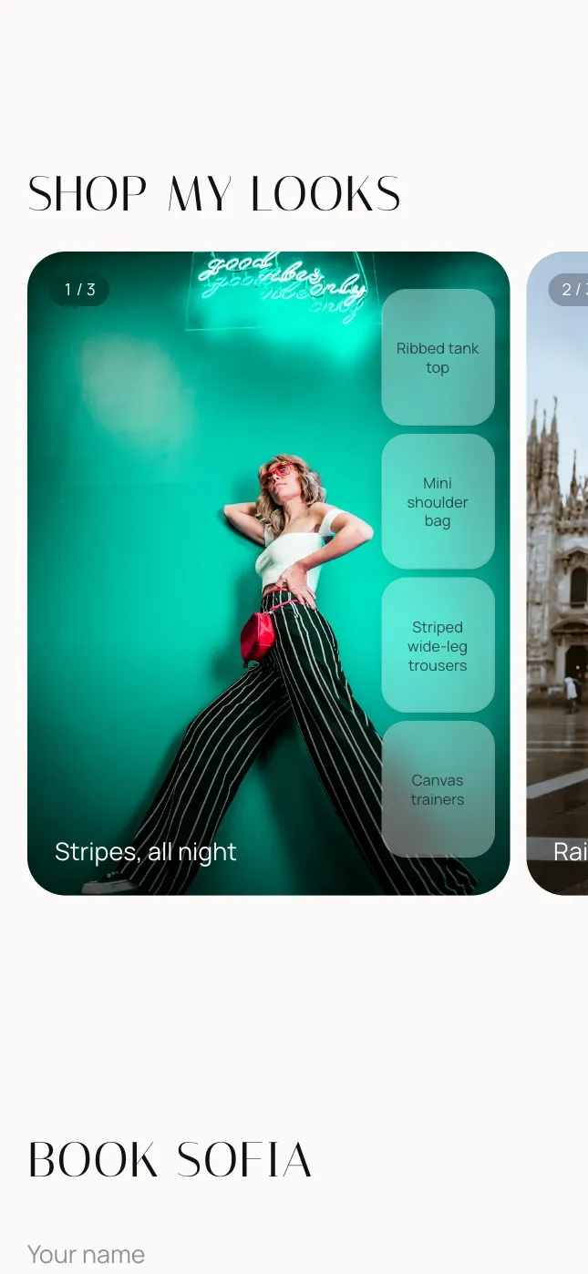 An outfit on a page, with its pieces standing on the photo