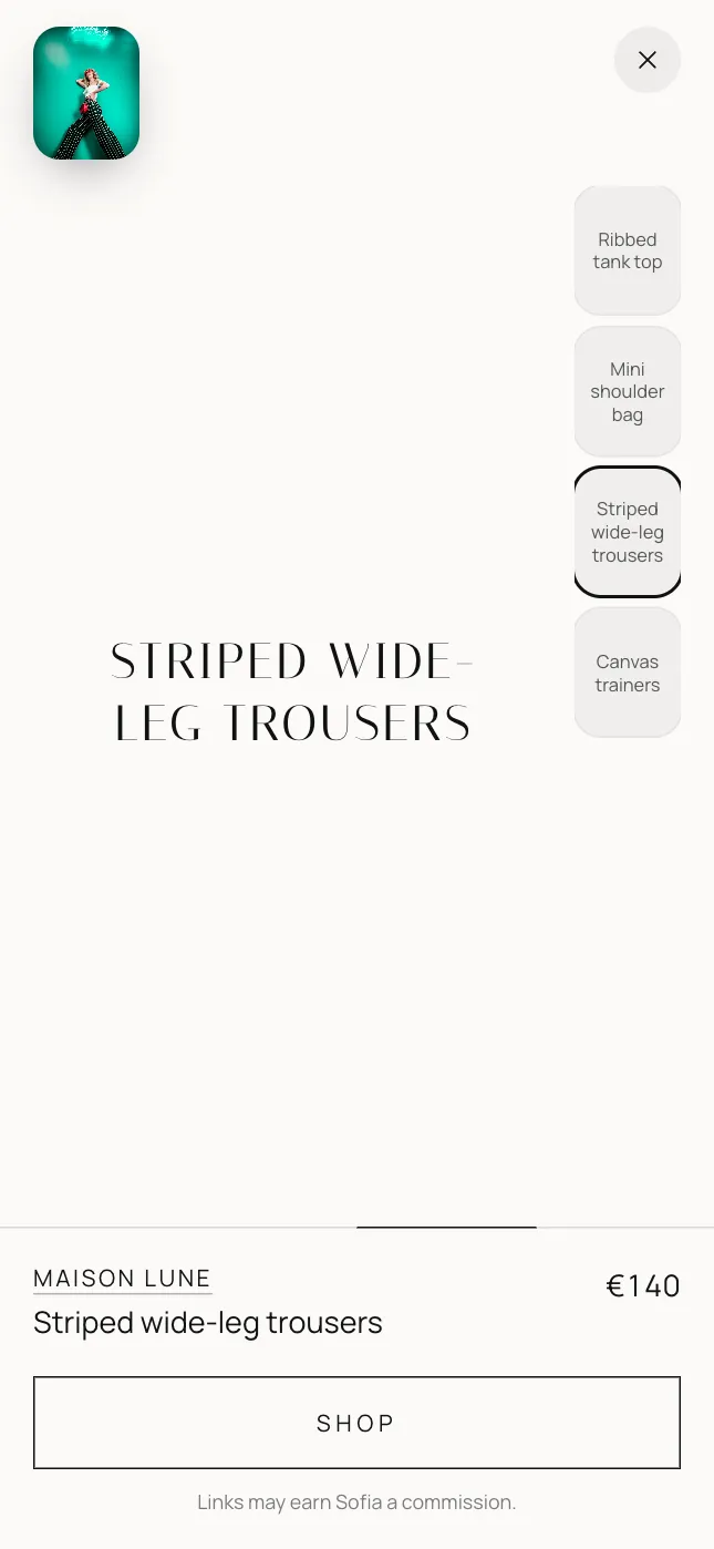 One piece opened: the trousers, large, with the brand, the price and a Shop button